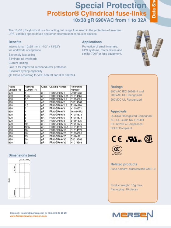 深圳發(fā)貨 MERSEN保險(xiǎn)絲 FERRAZ熔斷器 FR10GR69V2.5 T1014570