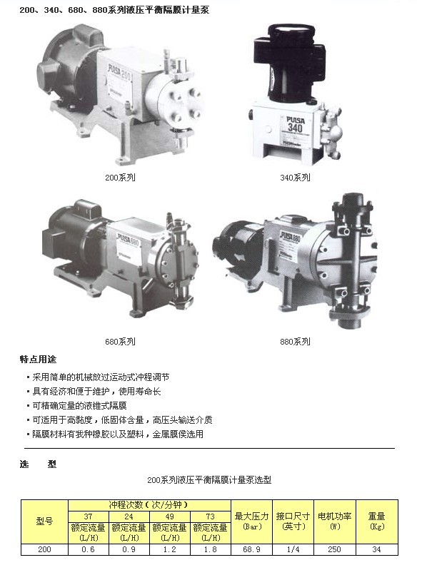 美國(guó)帕斯菲達(dá) 200、340、680、880系列液壓平衡隔膜計(jì)量泵