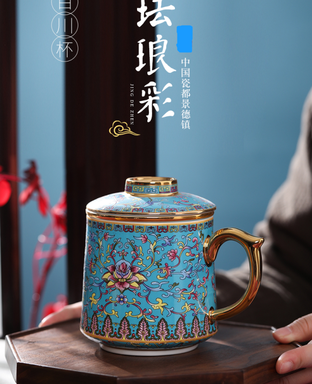 陶瓷杯琺瑯彩描金萬(wàn)福過(guò)濾杯家用泡茶杯商務(wù)辦公杯定制