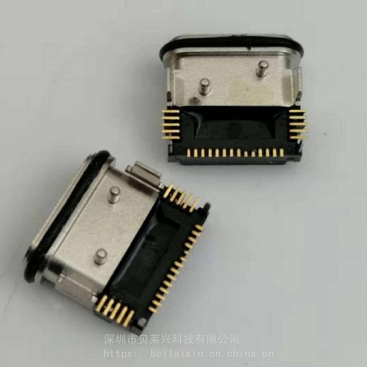 USB3.1TYPE-C24PIN防水母座三排貼片90度兩腳插板帶柱配膠圈