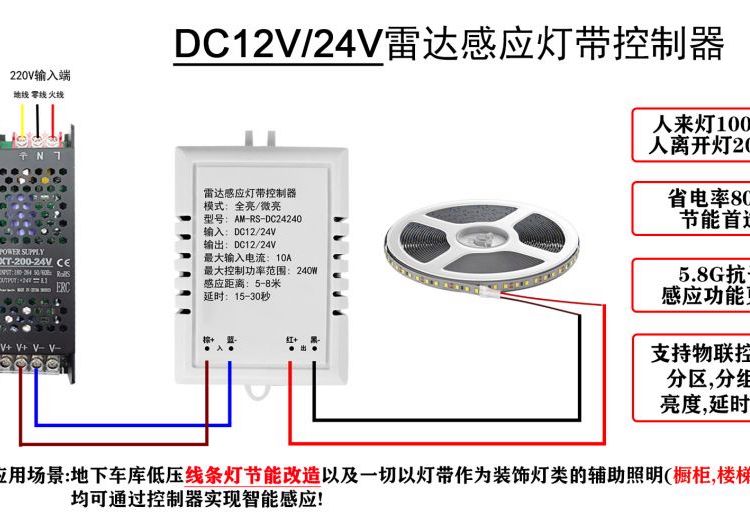 好美微波雷達(dá)感應(yīng)低壓DC12V-24V替代紅外人體感應(yīng)智能燈帶控制器