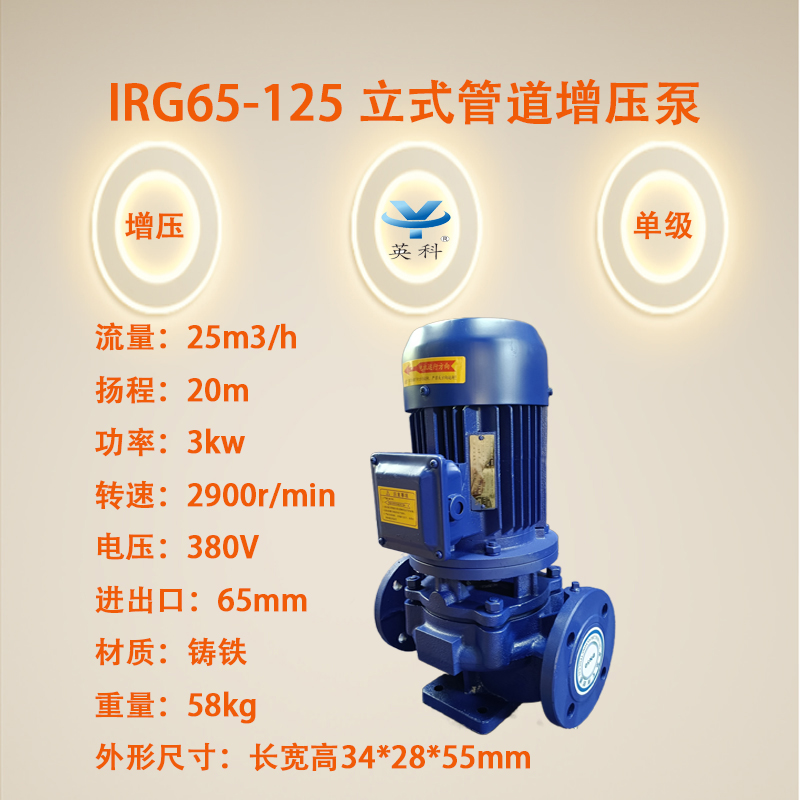 英科牌防爆變頻鑄鐵熱水25m3\/h20m3kw立式管道增壓泵IRG65-125