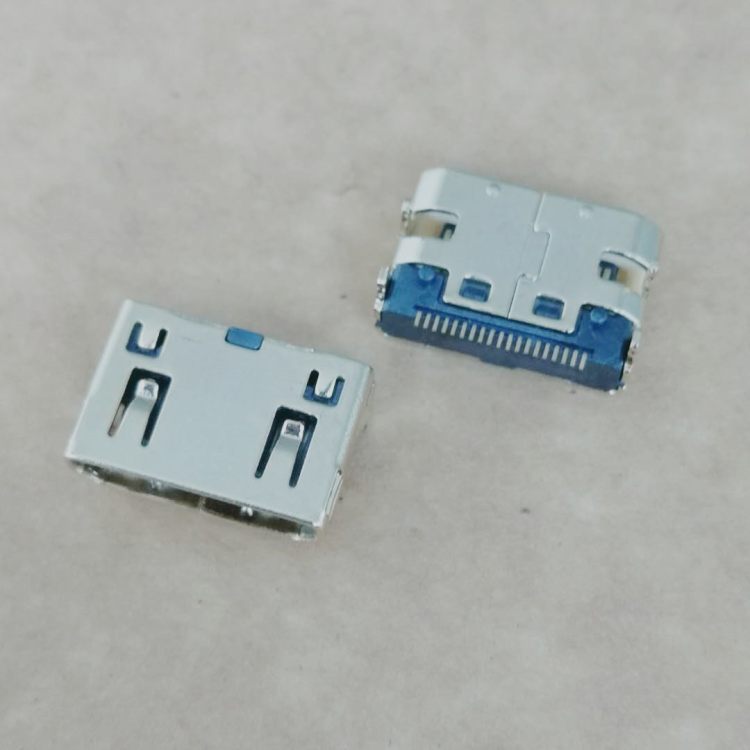 MICROHDMI19Pin母座板上四腳插板有柱單排貼片SMT銅殼鍍金