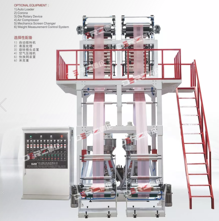 德企DERZ出品ABA三層共擠雙機頭吹膜機500*2氮化鋼低耗電